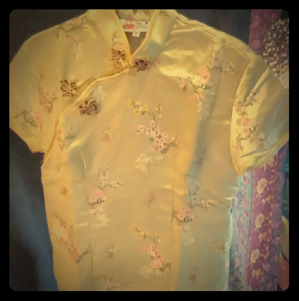 Yellow Silk top with flower embellishments